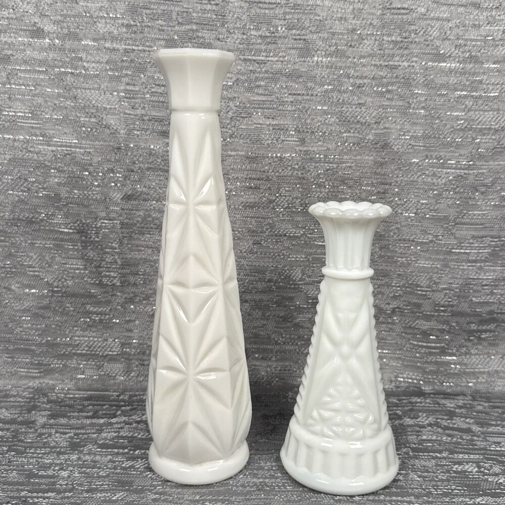 Vintage White Milk Glass Bud Vases, Lot Of 2, Stars And Bars 6”, Starburst 9”
